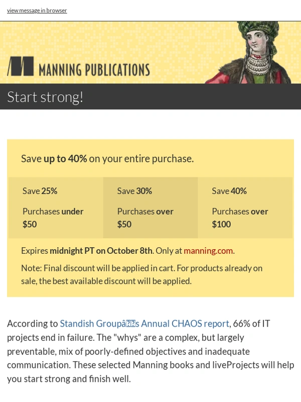 Manning - Start strong! Save 40% on your entire purchase