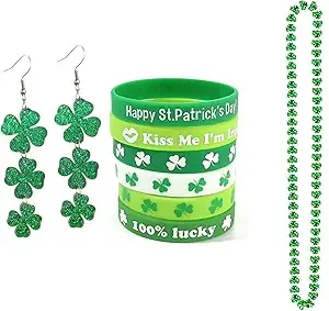 GLEZZA St. Patricks Earrings Shamrock Bead Necklace Irish Wristband Bracelet St patricks Irish Festival Costume Jewelry Accessories for Women (Style 1)