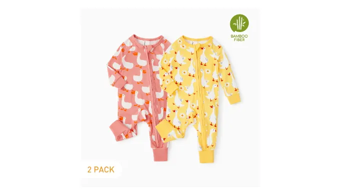 PatPat Bamboo Baby Pajamas Baby Girl Gifts Snug Fit Zipper Long-Sleeved Baby Onesies Sleepwear,2Pack,0-24 Months