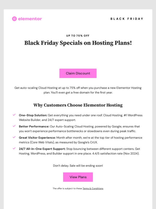Elementor - Black Friday Discounts on Elementor Hosting. Up to 75% off