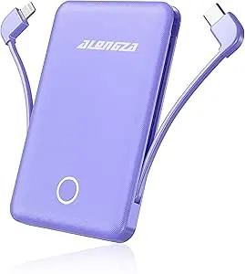 Alongza Ultra Compact External Battery Charger, 6000mAh Portable Charger Power Bank with Built in Cables, Lightweight Battery Backup Cell Phone Charger Compatible with Phone and Android Devices
