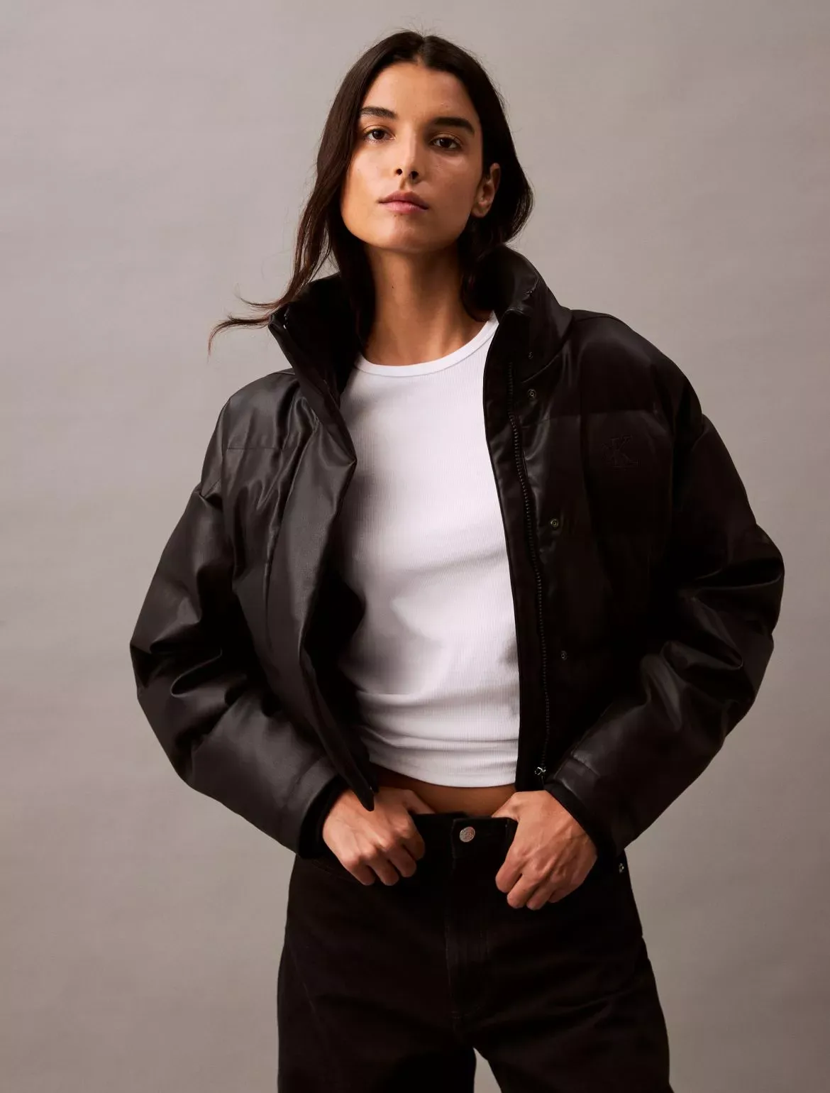 Calvin Klein Women's Classic Faux Leather Puffer Jacket - Black - XL