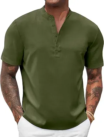 COOFANDY Mens Henley Short Sleeve Shirt Beach Linen Summer Casual Hippie T Shirts Army Green