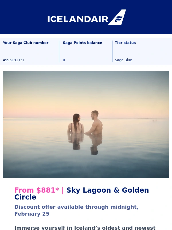Icelandair - Sale ends tonight: Sky Lagoon & Golden Circle vacation package