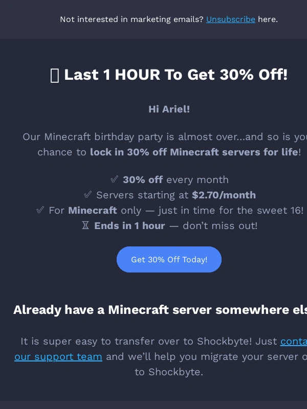 SHOCKBYTE - ⏳ Only 1HR Left: Servers starting at $2.70/mo