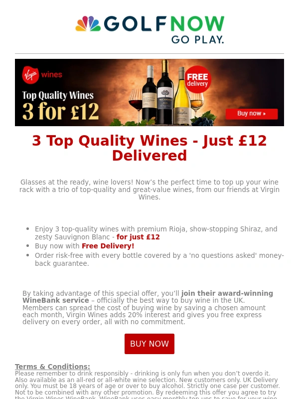 Golf Now - 3 Top Quality Wines - Just £12 Delivered