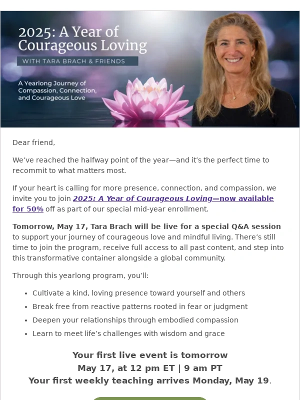 Sounds True - Last Chance to Join Tara Brach Live Tomorrow