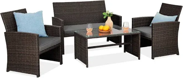 Best Choice Products 4-Piece Outdoor Wicker Patio Conversation Furniture Set with Table and Cushions