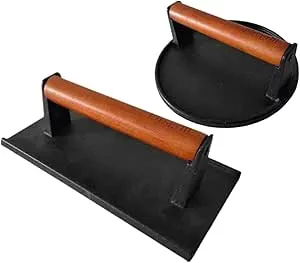 Burger Press 7.08" Round & 8.3X4.3Rectangle Heavy-Duty Cast Iron Smash Meat Steak With Wood Handle for Blackstone Camp chef Pitboss Weber Treager Griddle Grills (Round & Rectangle)