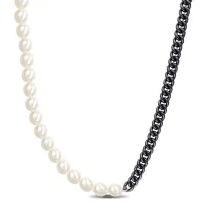Sterling Silver Freshwater Cultured Pearl Curb Link Necklace for Men
