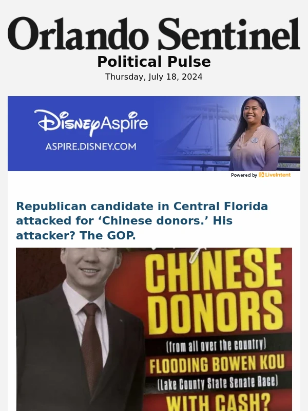 Orlando Sentinel - GOP candidate attacked by GOP | DeSantis slogan on state signs | Gilzean inks deal with friend