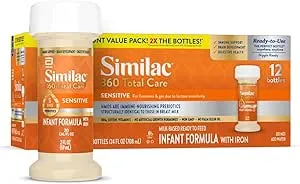 Similac 360 Total Care Sensitive Infant Formula for Fussiness & Gas Due to Lactose Sensitivity, Has 5 HMO Prebiotics, Non-GMO, Baby Formula, Ready to Feed, 2-fl-oz Bottle, Pack of 12