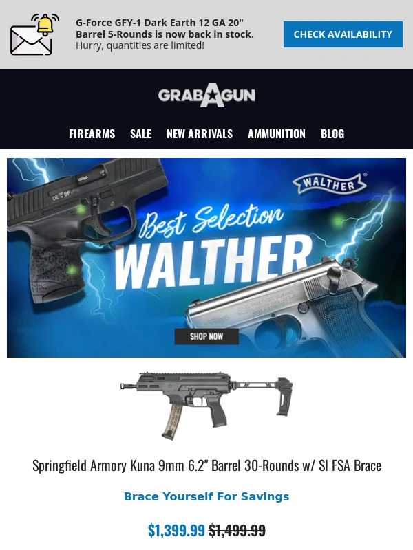 GrabAGun - ? Springfield Kuna w/ Brace - $1399.99 ? Walther PPS M2 - $289.99 ? Springfield Saint Victor - $949.99 ?