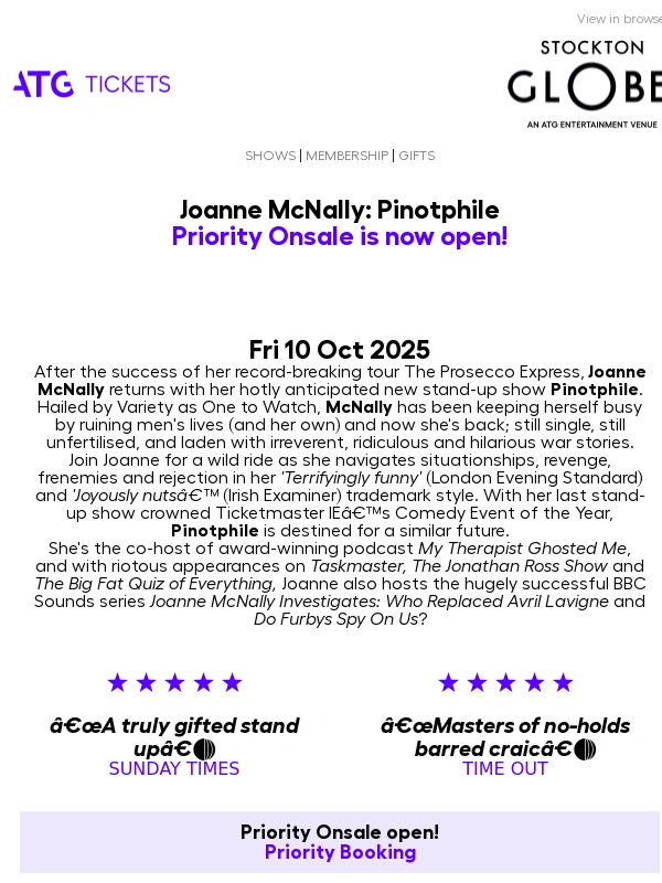 ATG Tickets - Priority Booking | Joanne McNally: Pinotphile