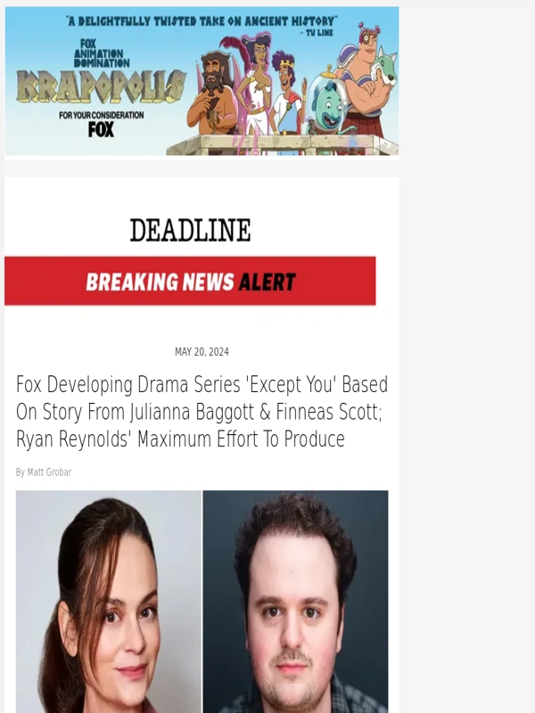 Hulu - Fox Developing Drama Series 'Except You' Based On Story From Julianna Baggott and Finneas Scott; Ryan Reynolds' Maximum Effort To Produce