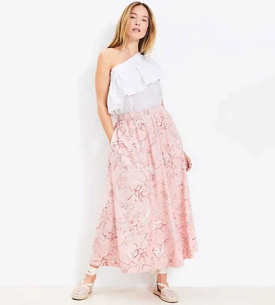 Women's Loft Petite Bird Toile Poplin Pull On Maxi Pocket Skirt