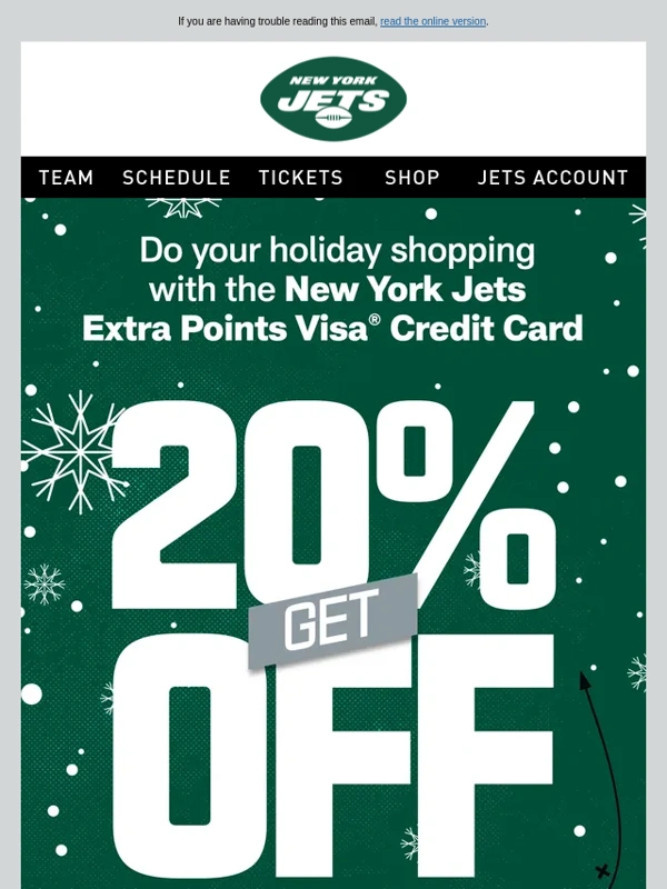 New York Jets - Get 20% off NFLShop.com with the Jets Extra Points Visa Credit Card