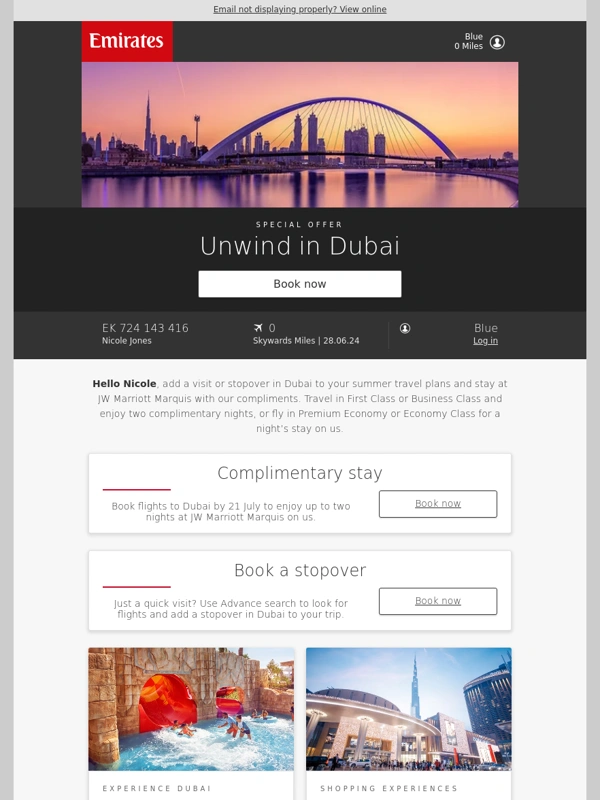 Emirates - Enjoy up to two nights at JW Marriott Marquis on us