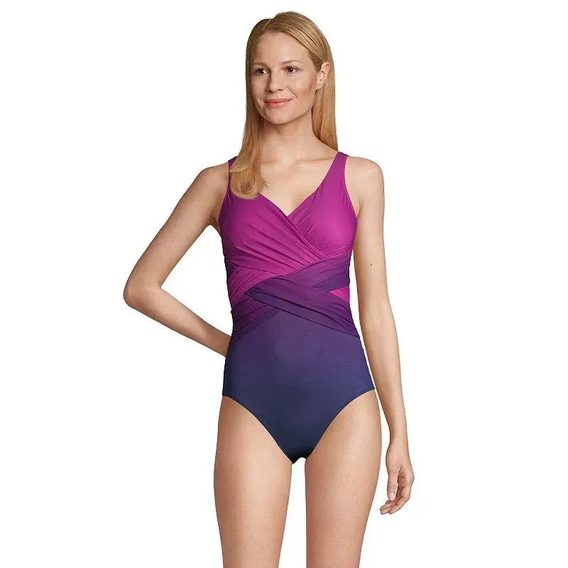 Women's Lands' End D-Cup Slender Suit Wrap One Piece Swimsuit