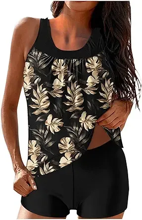 Women Tankini Two Piece Swimsuits Modest Bathing Suit Tropical Graphic Swim Tank Top with Boyshorts Ladies Swimwear