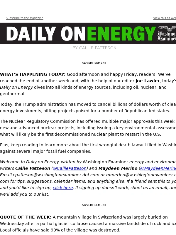 Washington Examiner - Daily on Energy: Quote of the week,DOE cancels clean energy projects,and Palisades nuclear plant moves ahead