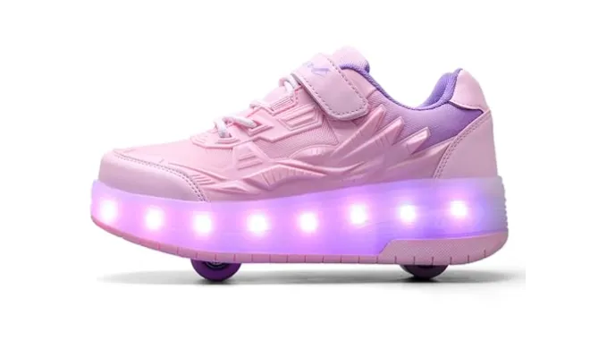 Yogeeft Upgrade Kids Roller Shoes Light Up Rechargeable Double Wheels Sneakers Retractable for Kids Birthday Gifts Size 11 Little Kid Pink