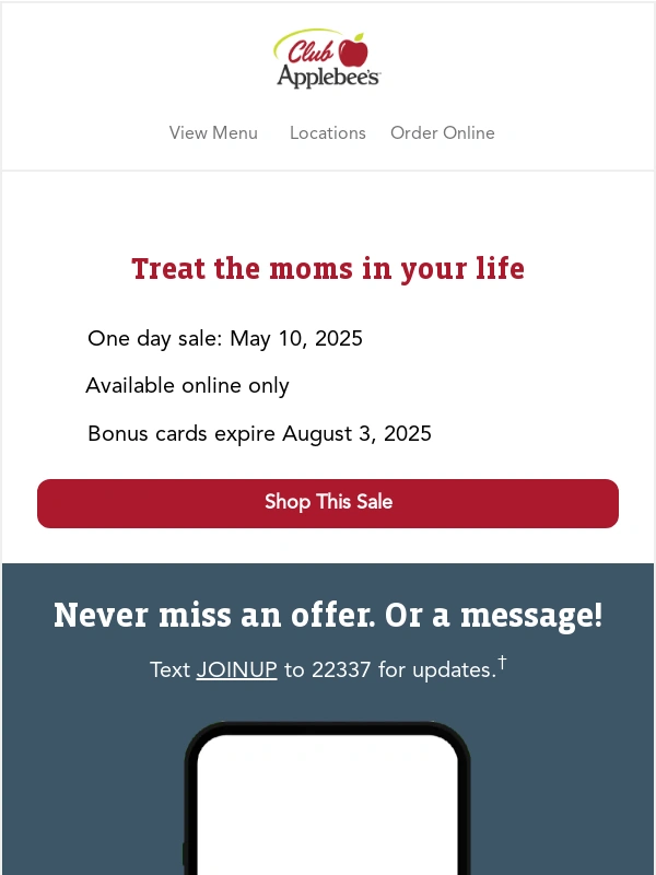 Applebees - ? Today only: Mother’s Day flash sale