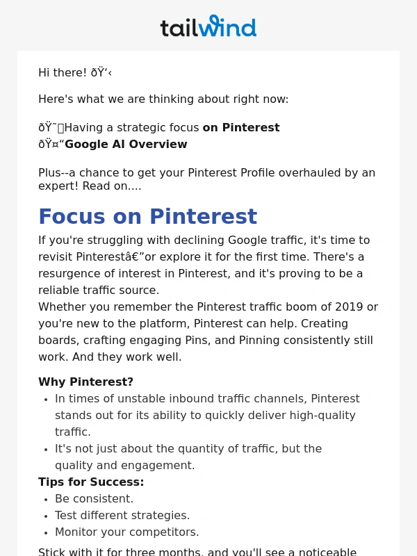 Tailwind - Newsletter: Pinterest as the Best Google Traffic Alternative
