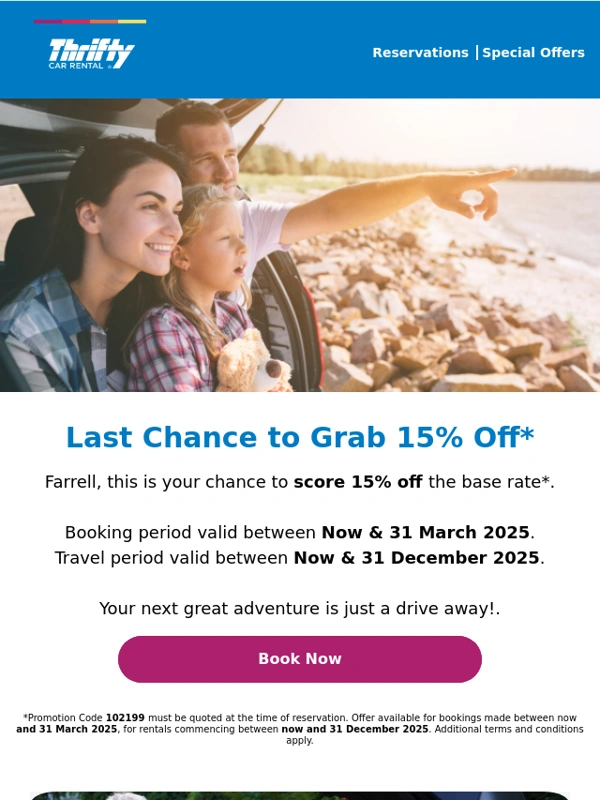 Thrifty - Farrell,book now and score up to 15% off* rentals for travel in 2025