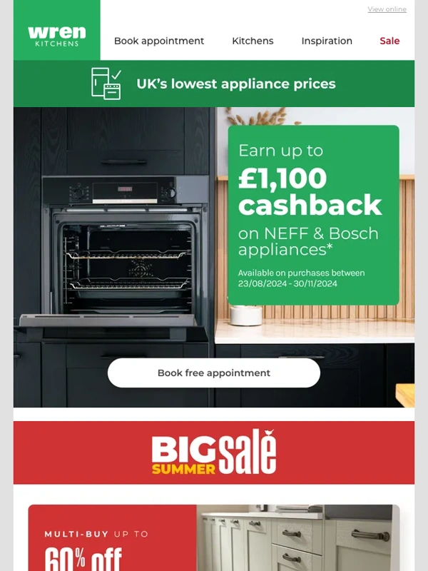 Wren Kitchens - Up to £1,100 cashback on NEFF & Bosch