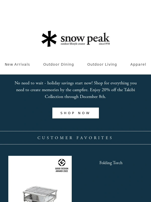 Snow Peak - 20% Off Takibi Collection
