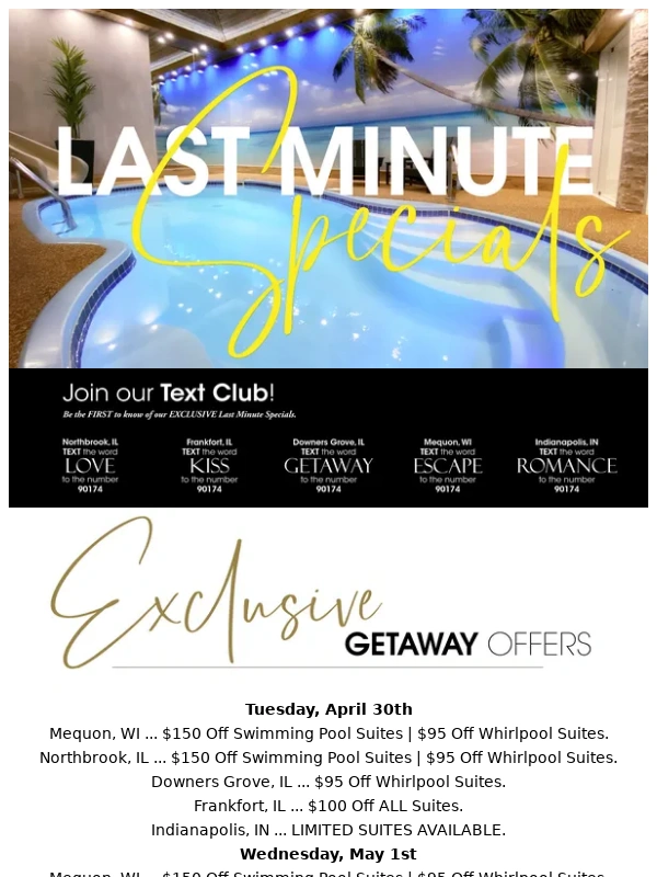 Sybaris - Exclusive Last Minute Specials - OVERNIGHT GETAWAYS AS LOW AS $95