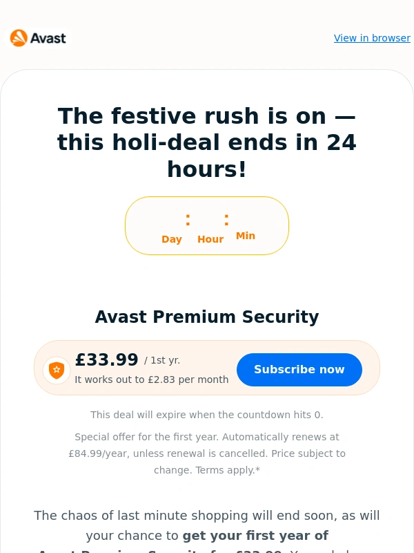 Avast - ? Last chance to get Avast Premium Security for a festive £33.99