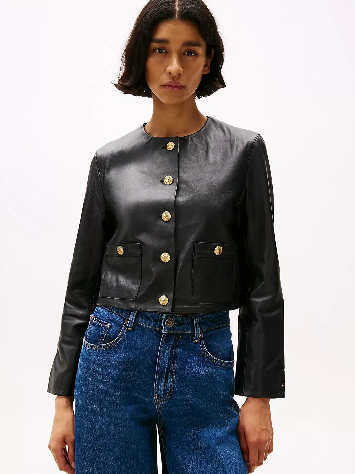 Tommy Hilfiger Women's Cropped Collarless Leather Jacket - Black - 8