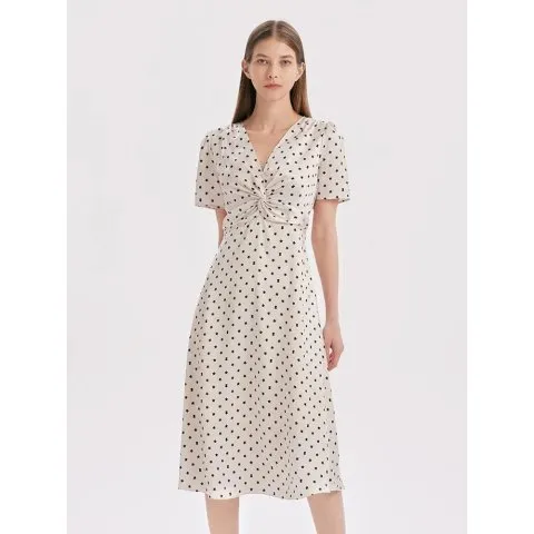 Beige Combo Print V-Neck Twisted Polka Dot Midi Dress