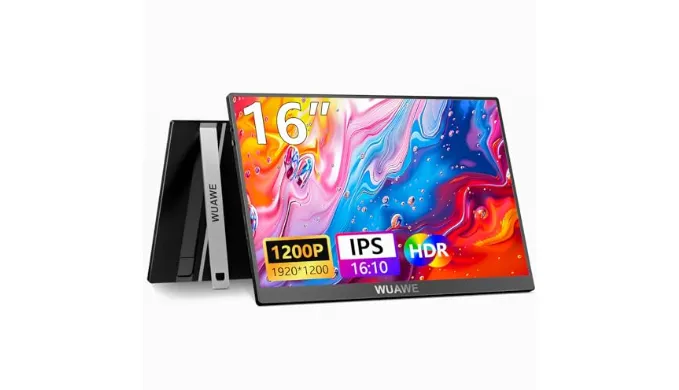WUAWE Portable Monitor 16″ 1920x1200P 16:10 IPS Travel Monitor for Laptop with Built-in Stand,USB-C HDMI,HDR Freesync Display, Plug&Play for Phone PS5 Switch(Black)