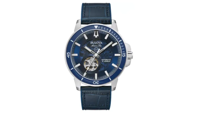 Bulova Mens Marine Star Automatic Blue Leather and Silicon Watch 45 MM 96A291