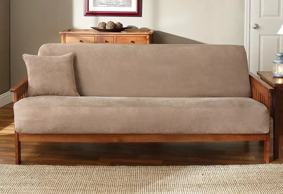 SureFit Soft Suede One Piece Futon Slipcover   Outlet in Taupe