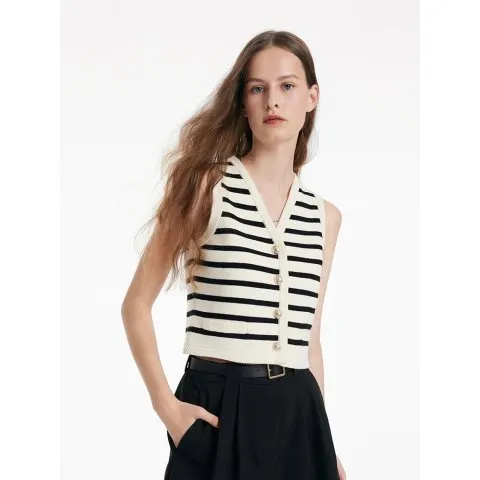 Knit Striped V-Neck Vest Cardigan