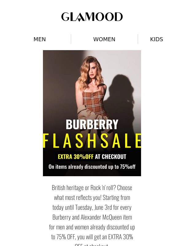 GLAMOOD - ALEXANDER McQUEEN + BURBERRY up to 75% OFF with an EXTRA 30% OFF