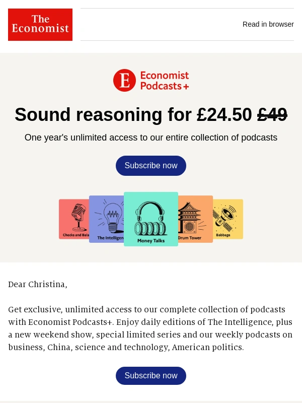 Economist Subscription - Limited-time offer: get Economist Podcasts+ for £2/month