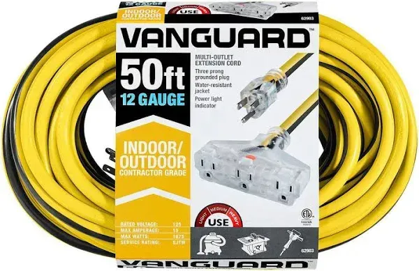 VANGUARD 50 ft. x 12/3 Gauge Multiple Outlet Extension Cord with Indicator Light, Yellow, Black