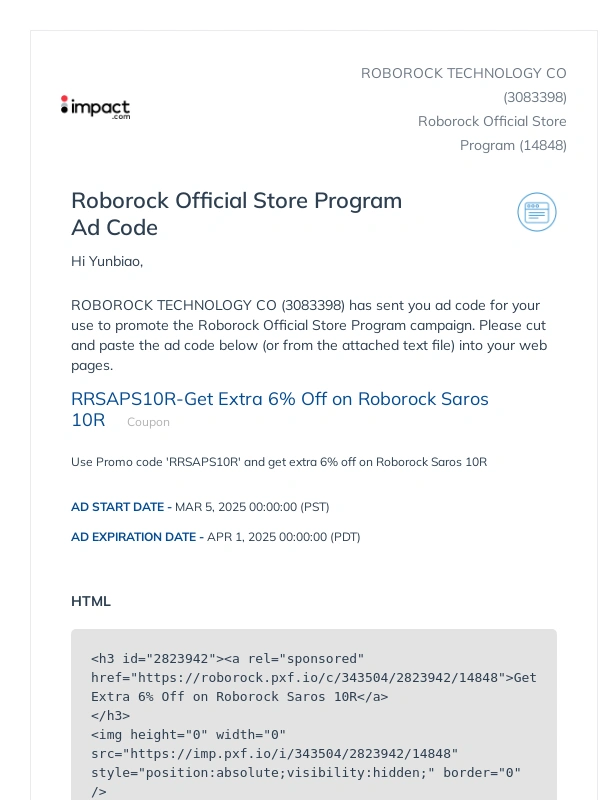 Roborock - Fwd: Roborock Official Store Program Ad Code
