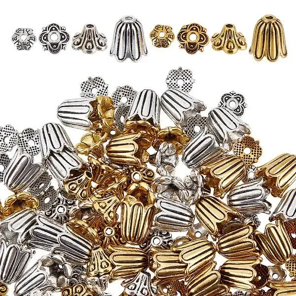 160pcs 8 Styles Tibetan Style Bell Filigree Bead Caps