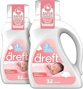 Dreft Stage 1: Newborn Hypoallergenic Liquid Baby Laundry Detergent (HE), Natural for Baby, Newborn, or Infant, 50 Ounce (32 loads), 2 Count (Packaging May Vary)