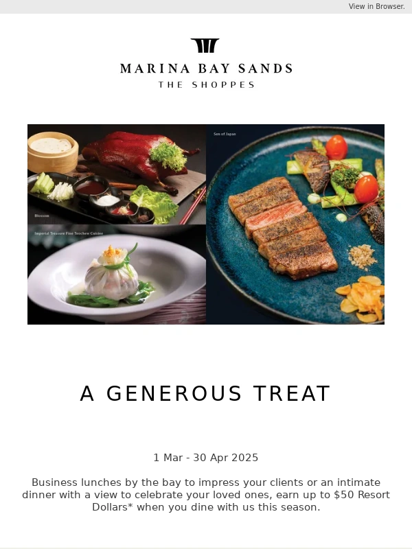Marina Bay Sands - The Shoppes | Earn up to $50 Resort Dollars when you dine