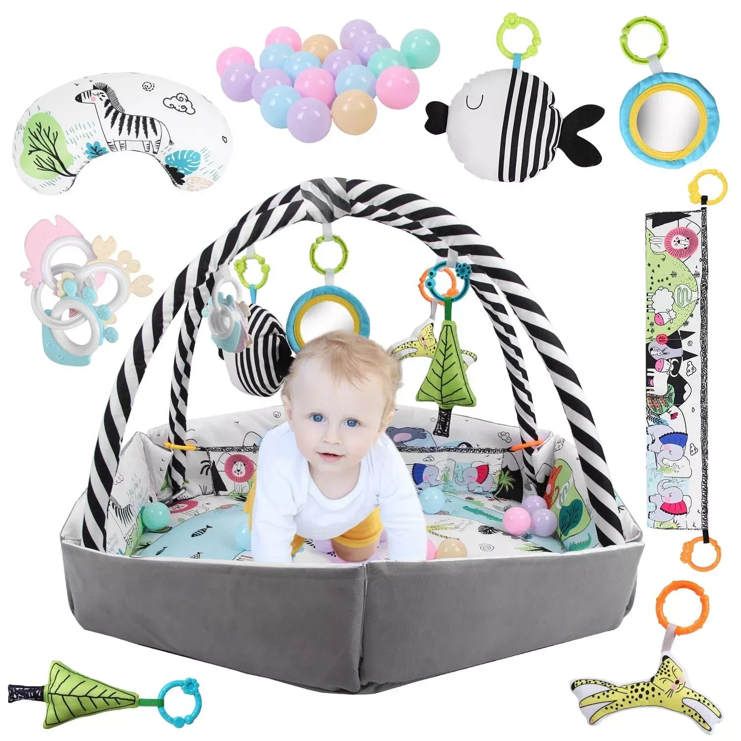 DailySale 4-in-1 Baby Gym Play Mat Ball Pit with Pillow 18 Balls 9 Toys for 0-3 Years Old