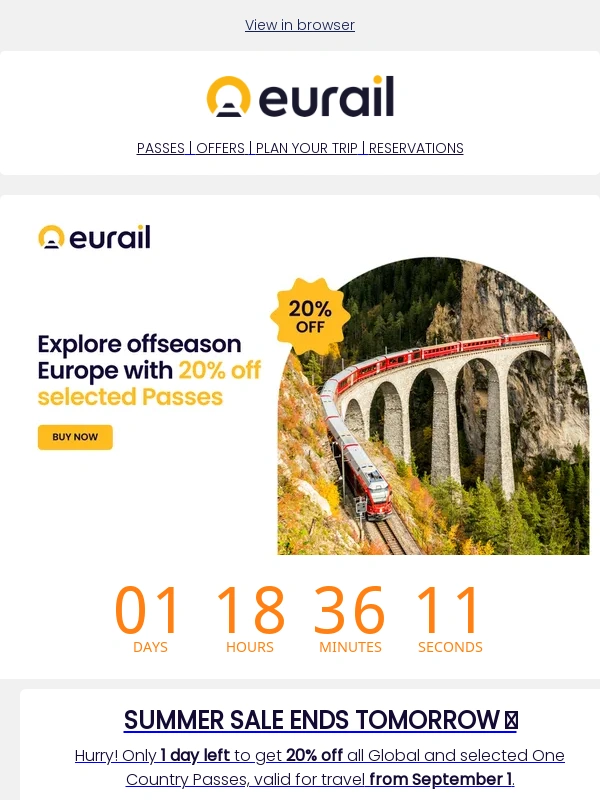 Eurail - Last chance! 20% off selected Eurail Passes ?