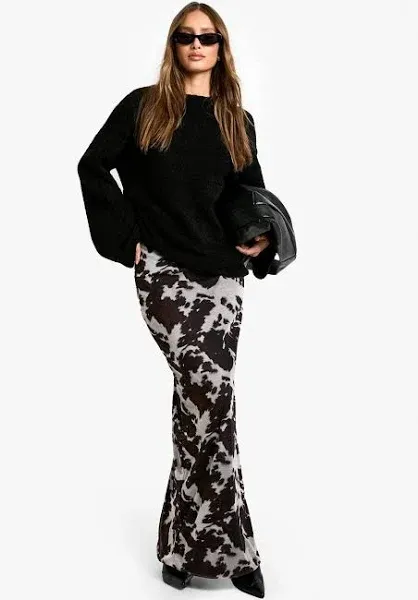 Boohoo Cow Print Mesh Maxi Skirt