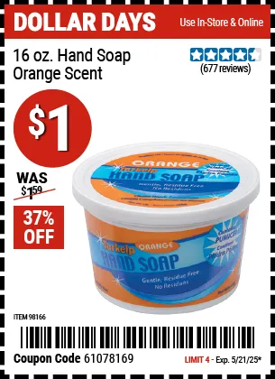 Harbor Freight, TARKELP 16 Oz. Pumice Hand Soap - Orange Scent, $1 with coupon